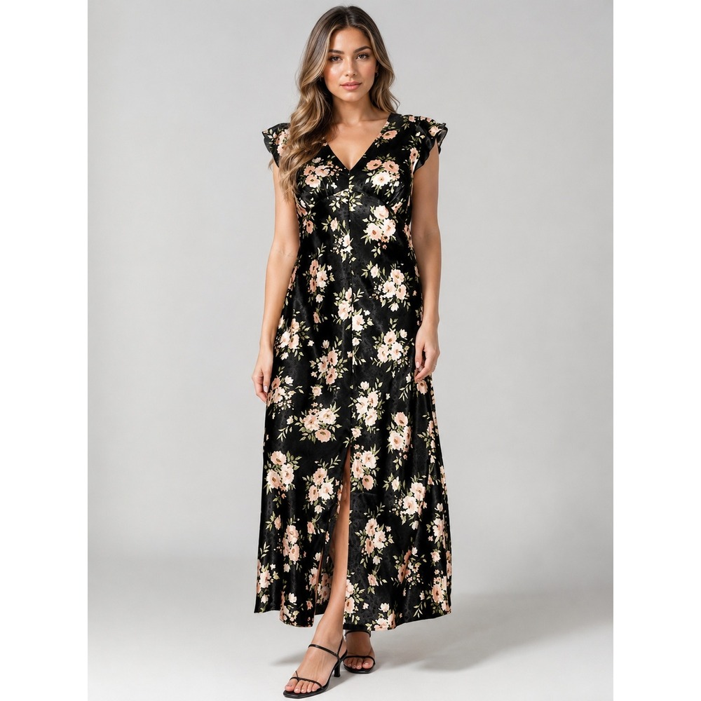 Old Navy The Occasion Floral Satin Maxi Dress Flutter Sleeve Black L Cottagecore